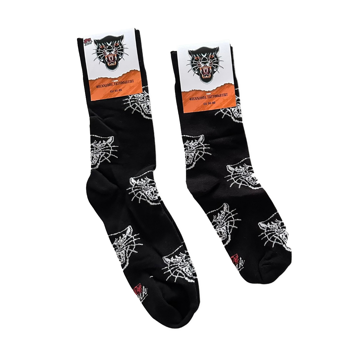Packshot of black LOVEINK socks featuring a white panther head design, with labels indicating sizes EU 36-40 and EU 41-45.
