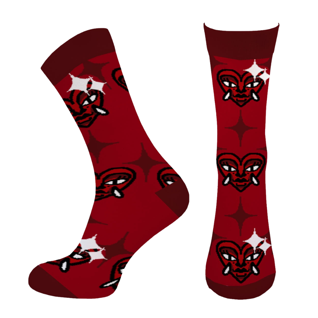 Illustration of red socks featuring a stylized heart with horns and fangs design, with white star accents.