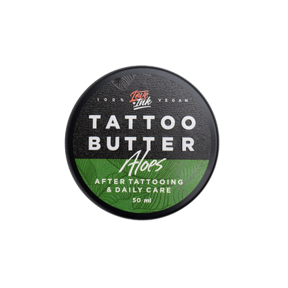 Packshot of Love Ink Tattoo Butter Aloe tin, labeled for after tattooing and daily care, 50 ml.