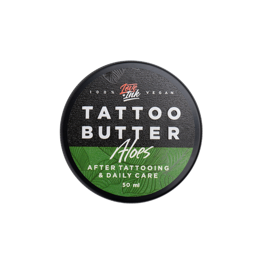 Packshot of Love Ink Tattoo Butter Aloe tin, labeled for after tattooing and daily care, 50 ml.