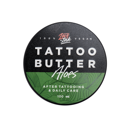 Packshot of Love Ink Tattoo Butter Aloe tin, labeled for after tattooing and daily care, 100 ml.
